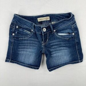 Y2K Low Rise Jean Denim Shorts Dark Wash Grunge 2010s Embroidered Faded 1 XS 26